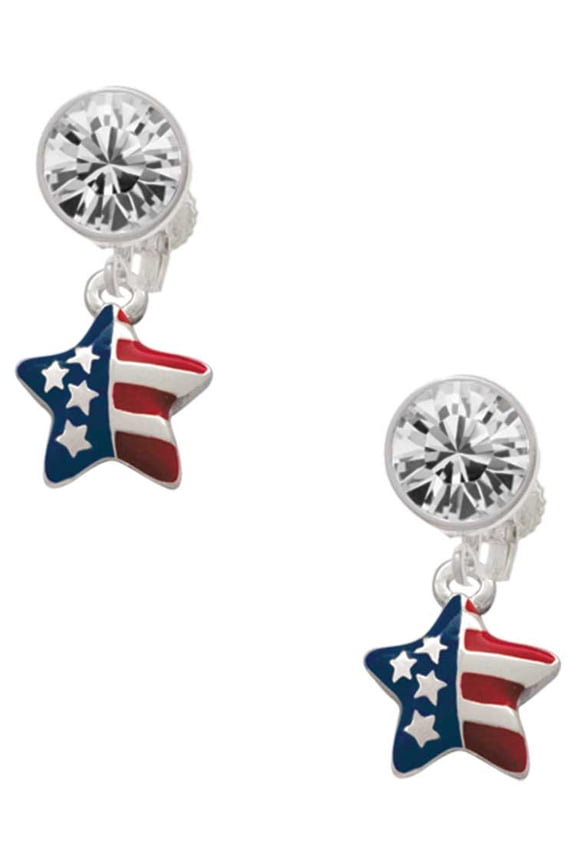Silvertone Mini USA Patriotic Star Clear Crystal Clip On Earrings