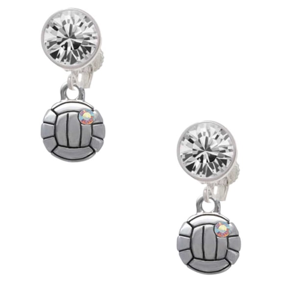 Silvertone Mini Volleyball/Water polo Clear Crystal Clip On Earrings