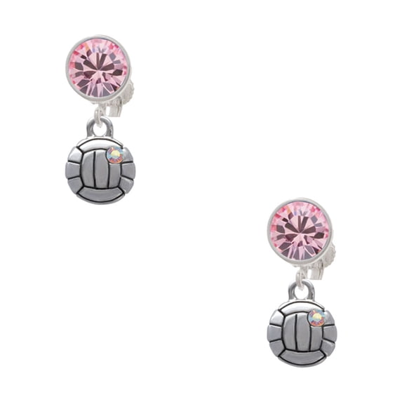Delight Jewelry Silvertone Mini Volleyball/Water polo Pink Crystal Clip on Earrings