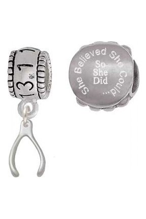 Silvertone Mini Wishbone 13.1 Half Marathon Run She Believed She Could Charm Beads (Set of 2)
