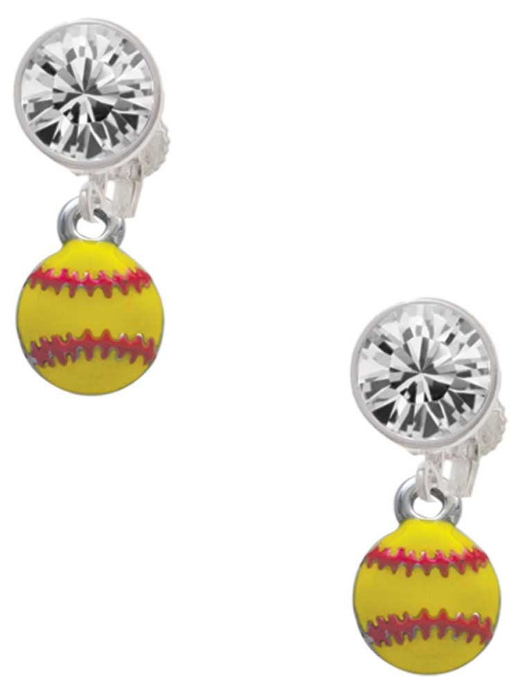 Silvertone Mini Yellow Softball - Clear Crystal Clip On Earrings