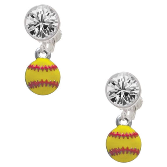 Silvertone Mini Yellow Softball - Clear Crystal Clip On Earrings