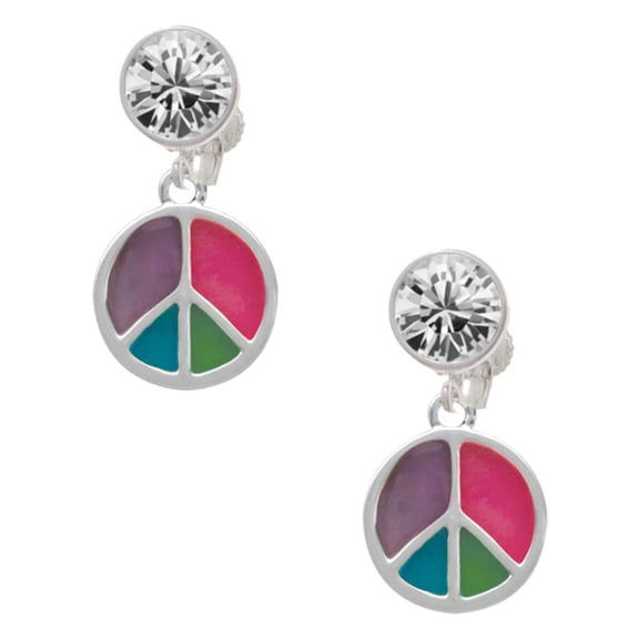 Silvertone Multicolored Peace Sign Clear Crystal Clip On Earrings