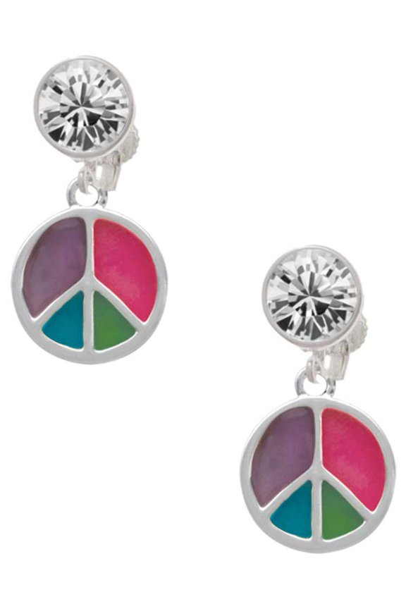 Silvertone Multicolored Peace Sign Clear Crystal Clip On Earrings