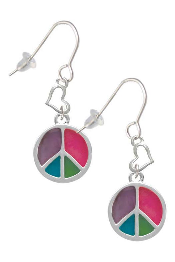 Silvertone Multicolored Peace Sign Heart French Earrings