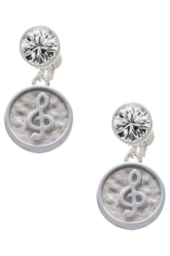 Silvertone Music Clef - Round Seal Clear Crystal Clip On Earrings