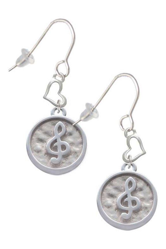 Silvertone Music Clef - Round Seal Heart French Earrings