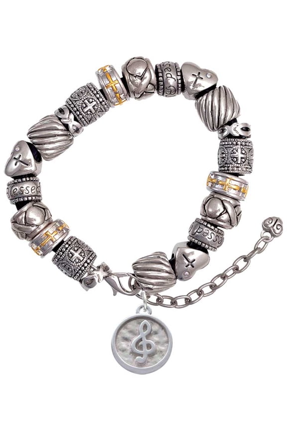 Silvertone Music Clef - Round Seal Silver Tone Christian Bead Bracelet