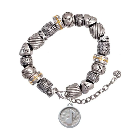 Silvertone Music Note - Round Seal Silver Tone Christian Bead Bracelet