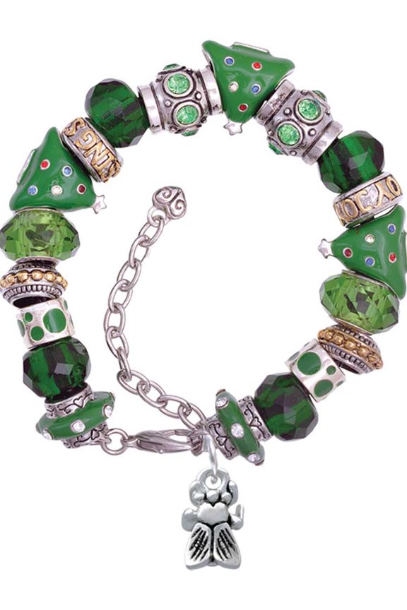 Silvertone Napoleon's Small Bee Green Christmas Bead Bracelet