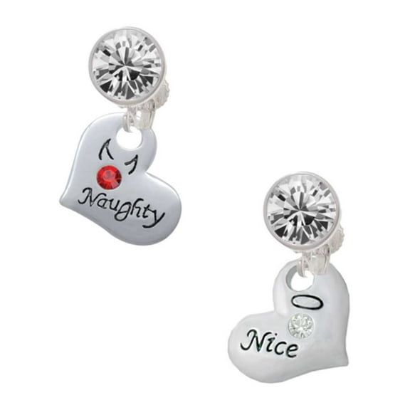 Silvertone Naughty or Nice Heart with Crystals Clear Crystal Clip On Earrings