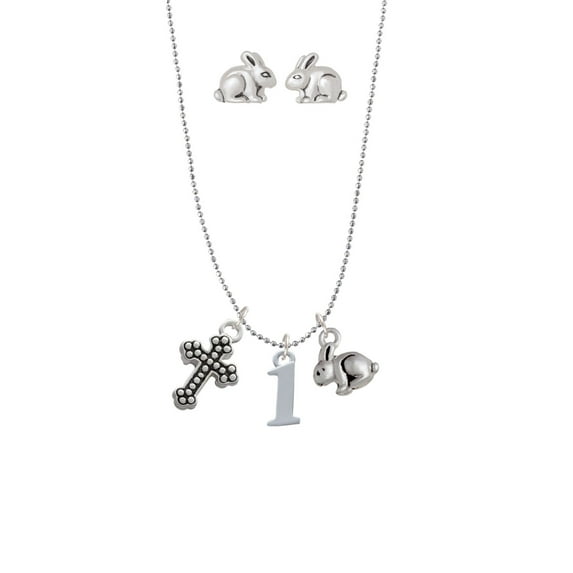 Silvertone Number - 1 - Silver Tone Cross and Bunny Necklace and Earrings Set