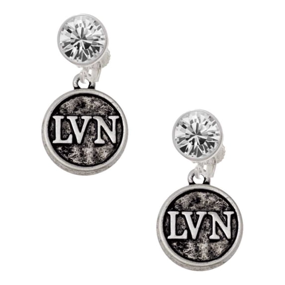 Silvertone Nurse Caduceus Seal - LVN Clear Crystal Clip On Earrings