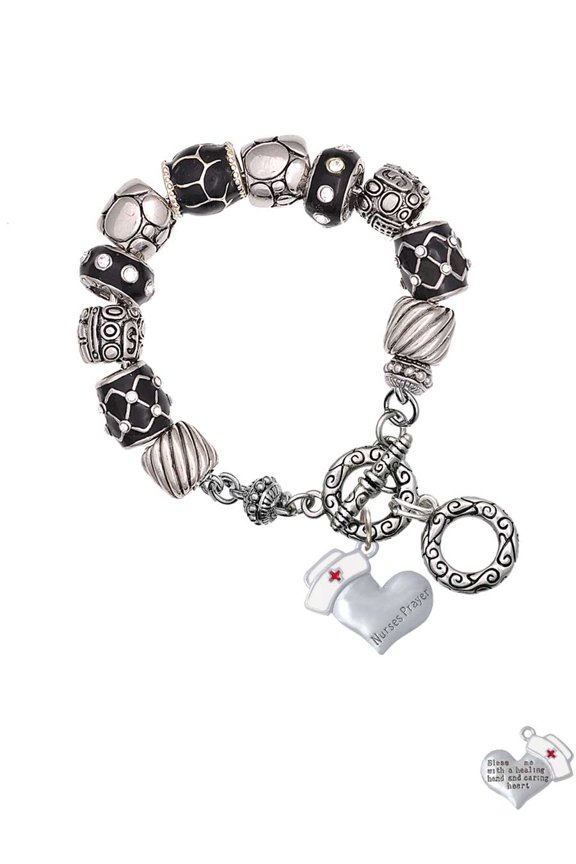 Silvertone Nurse's Prayer Heart - Healing Hand Black Pebble Bead Charm Bracelet