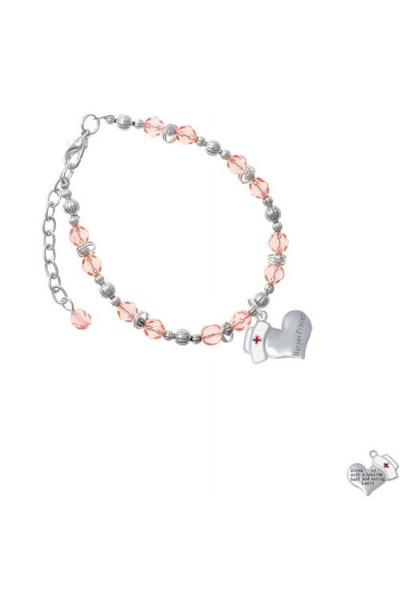 Silvertone Nurse's Prayer Heart - Healing Hand Pink Beaded Bracelet