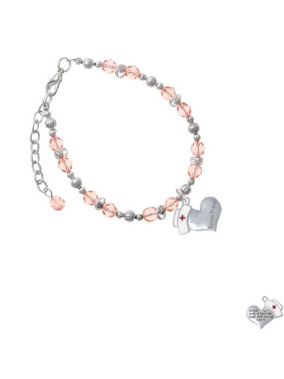 Silvertone Nurse's Prayer Heart - Healing Hand Pink Beaded Bracelet