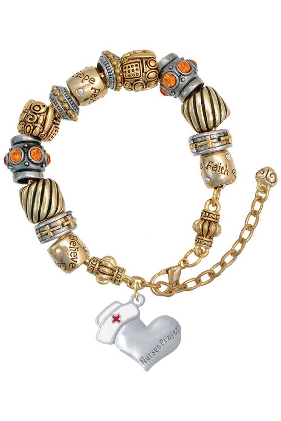 Silvertone Nurse's Prayer Heart - Healing Hand Two Tone Christian Bead Bracelet