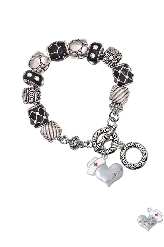 Silvertone Nurse's Prayer Heart - Lord Guide Black Pebble Bead Charm Bracelet
