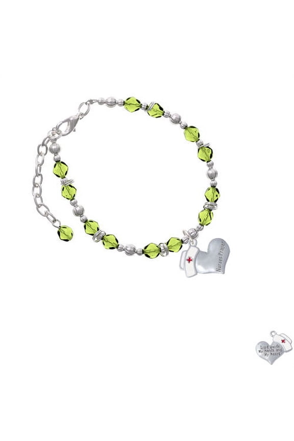 Silvertone Nurse's Prayer Heart - Lord Guide Lime Green Beaded Bracelet