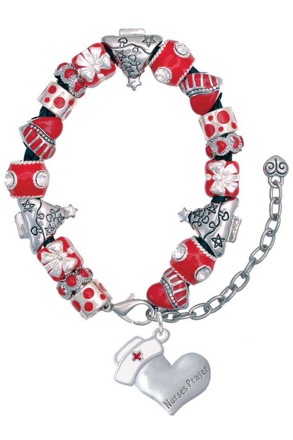 Silvertone Nurse's Prayer Heart - Lord Guide Red Christmas Bead Bracelet