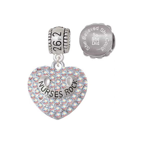 Silvertone Nurses Rock on AB Crystal Heart 26.2 Marathon Run She Believed She Could Charm Beads (Set of 2)