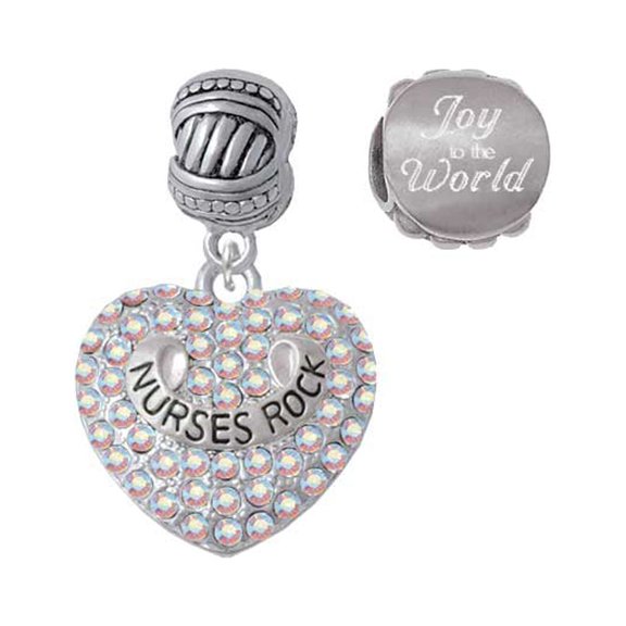 Silvertone Nurses Rock on AB Crystal Heart Joy to the World Charm Beads (Set of 2)