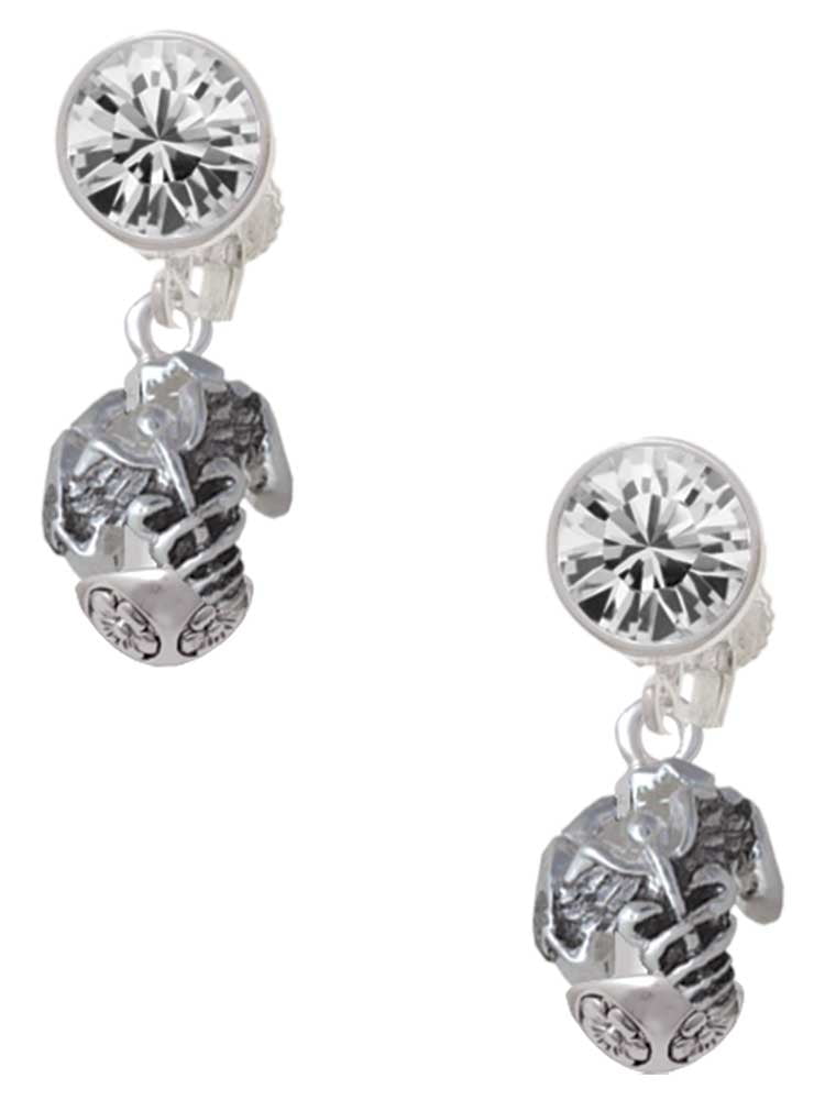 Silvertone Nursing Medley - Nurse Hat, Chart, Caduceus Spinner Clear Crystal Clip On Earrings