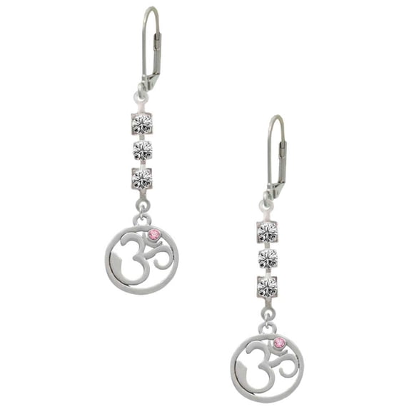 Silvertone Om in Circle with Pink Crystal Crystal Madison Leverback Earrings