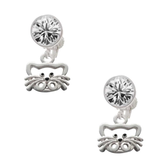 Silvertone Open Cat Face Clear Crystal Clip On Earrings