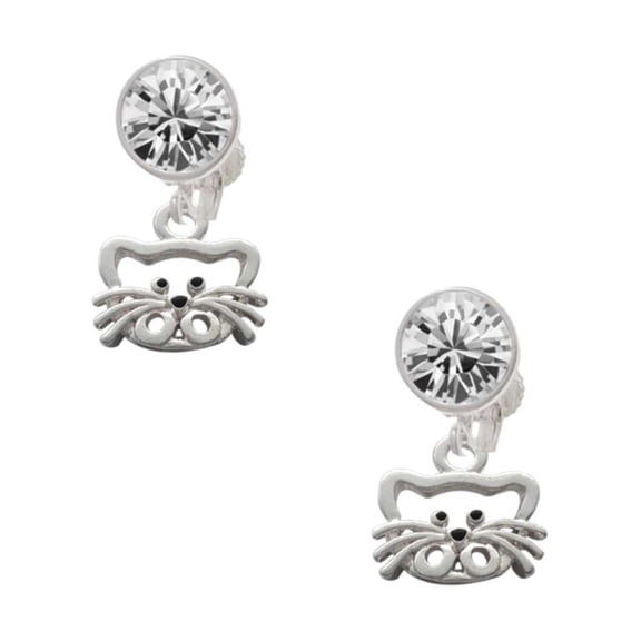 Silvertone Open Cat Face Clear Crystal Clip On Earrings