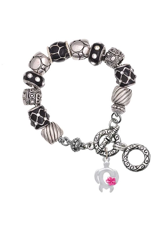 Silvertone Open Sea Turtle with Hot Pink Plumeria Black Pebble Bead Charm Bracelet
