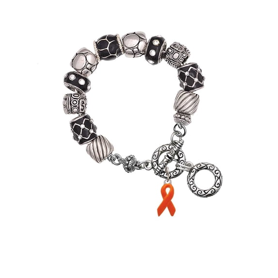 Silvertone Orange Ribbon Black Pebble Bead Charm Bracelet