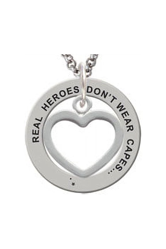 Silvertone Outline Heart Real Heroes Teach Affirmation Ring Necklace