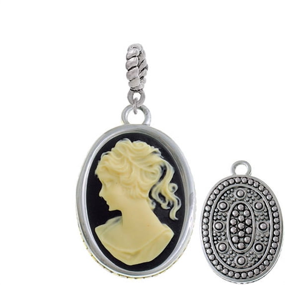 Silvertone Oval - Black Cameo - Rope Charm Bead