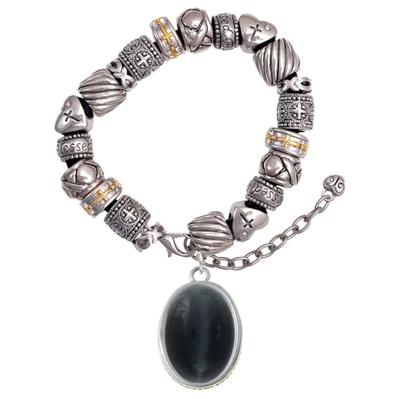 Silvertone Oval - Imitation Cat's Eye - Black - Silver Tone Christian Bead Bracelet