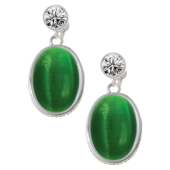 Silvertone Oval - Imitation Cat's Eye - Green - Clear Crystal Clip On Earrings
