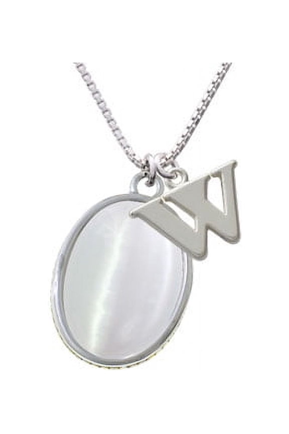 Silvertone Oval - Imitation Cat's Eye - White - Capital Initial W Necklace