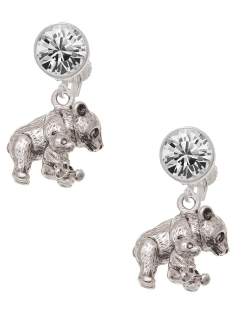 Silvertone Panda with Baby Clear Crystal Clip On Earrings