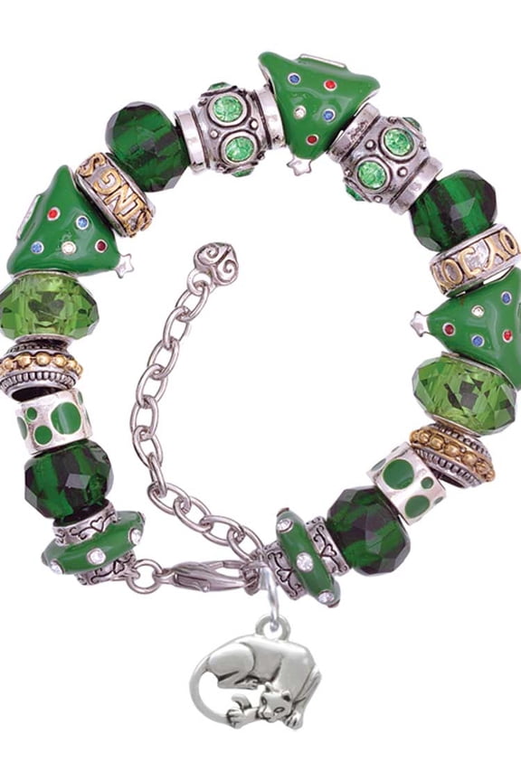 Silvertone Panther Green Christmas Bead Bracelet