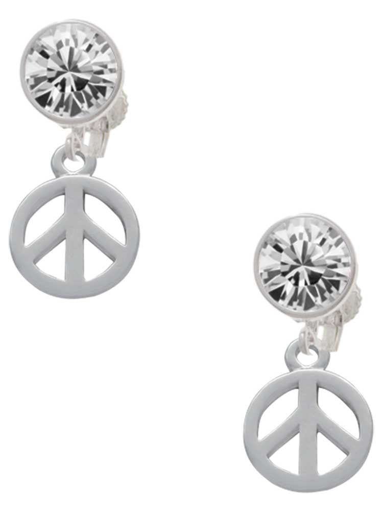 Silvertone Peace Sign Clear Crystal Clip On Earrings