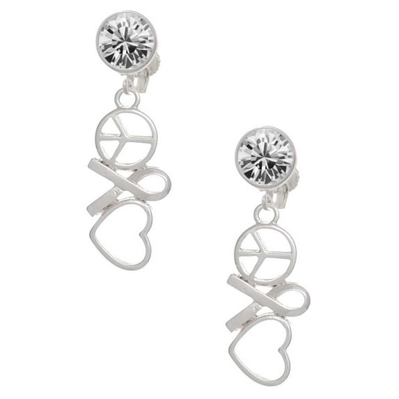 Silvertone Peace Sign Ribbon Heart Clear Crystal Clip On Earrings