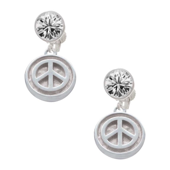 Silvertone Peace Sign - Round Seal Clear Crystal Clip On Earrings