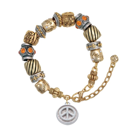 Silvertone Peace Sign - Round Seal Two Tone Christian Bead Bracelet