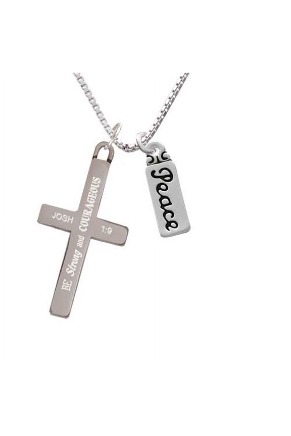 Silvertone Peace - Strong and Courageous - Cross Necklace