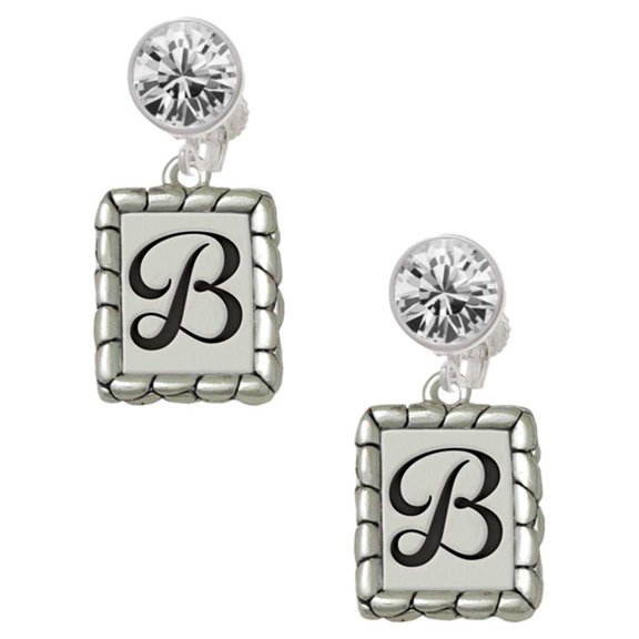 Silvertone Pebble Border Initial - B Clear Crystal Clip On Earrings