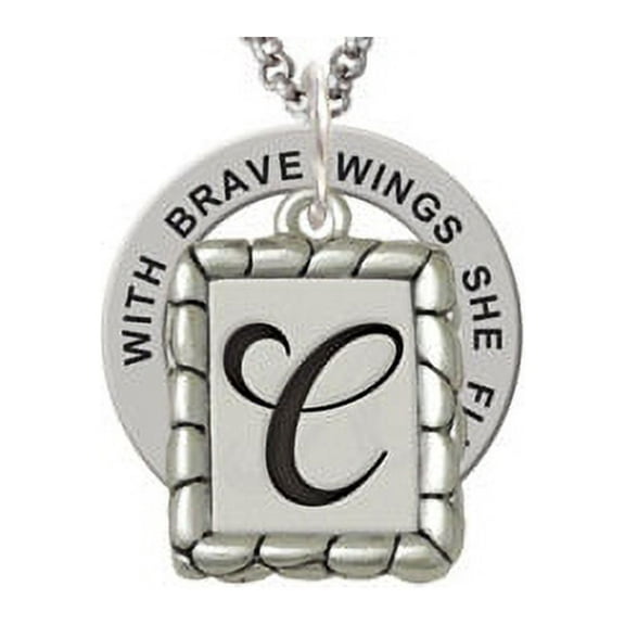 Silvertone Pebble Border Initial - C Brave Wings Affirmation Ring Necklace