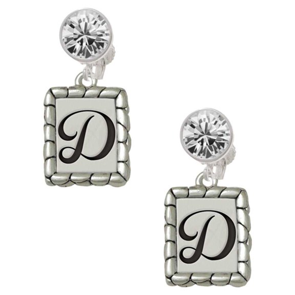 Silvertone Pebble Border Initial - D Clear Crystal Clip On Earrings