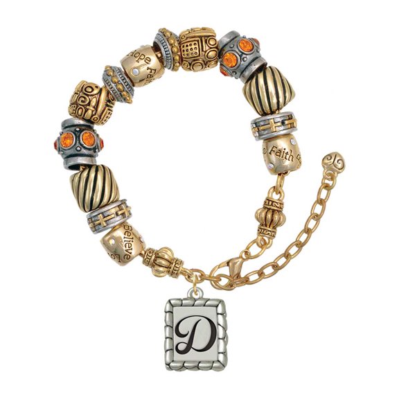 Silvertone Pebble Border Initial - D Two Tone Christian Bead Bracelet