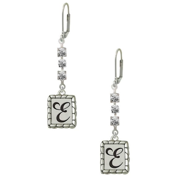 Silvertone Pebble Border Initial - E Crystal Madison Leverback Earrings