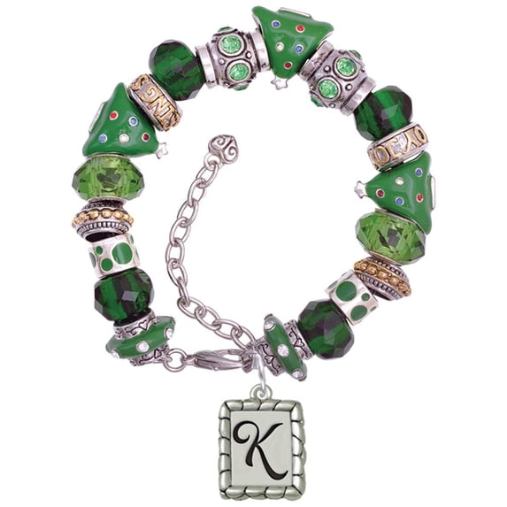 Silvertone Pebble Border Initial - K Green Christmas Bead Bracelet